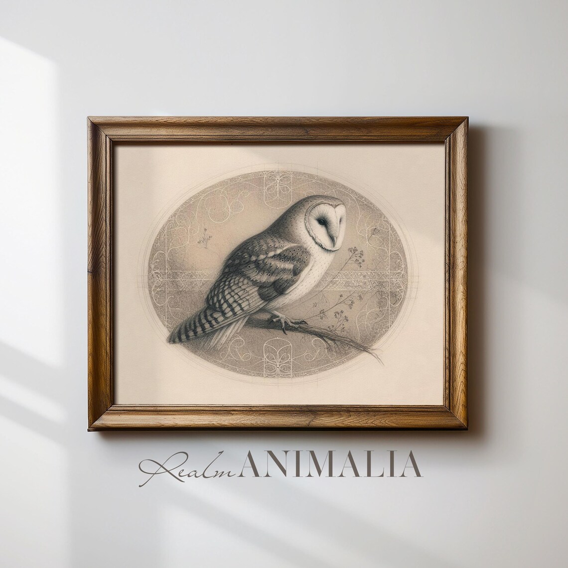 Barn Owl On Branch Oval Sketch Vintage Neutral Bird Drawing Art Print - Image 4