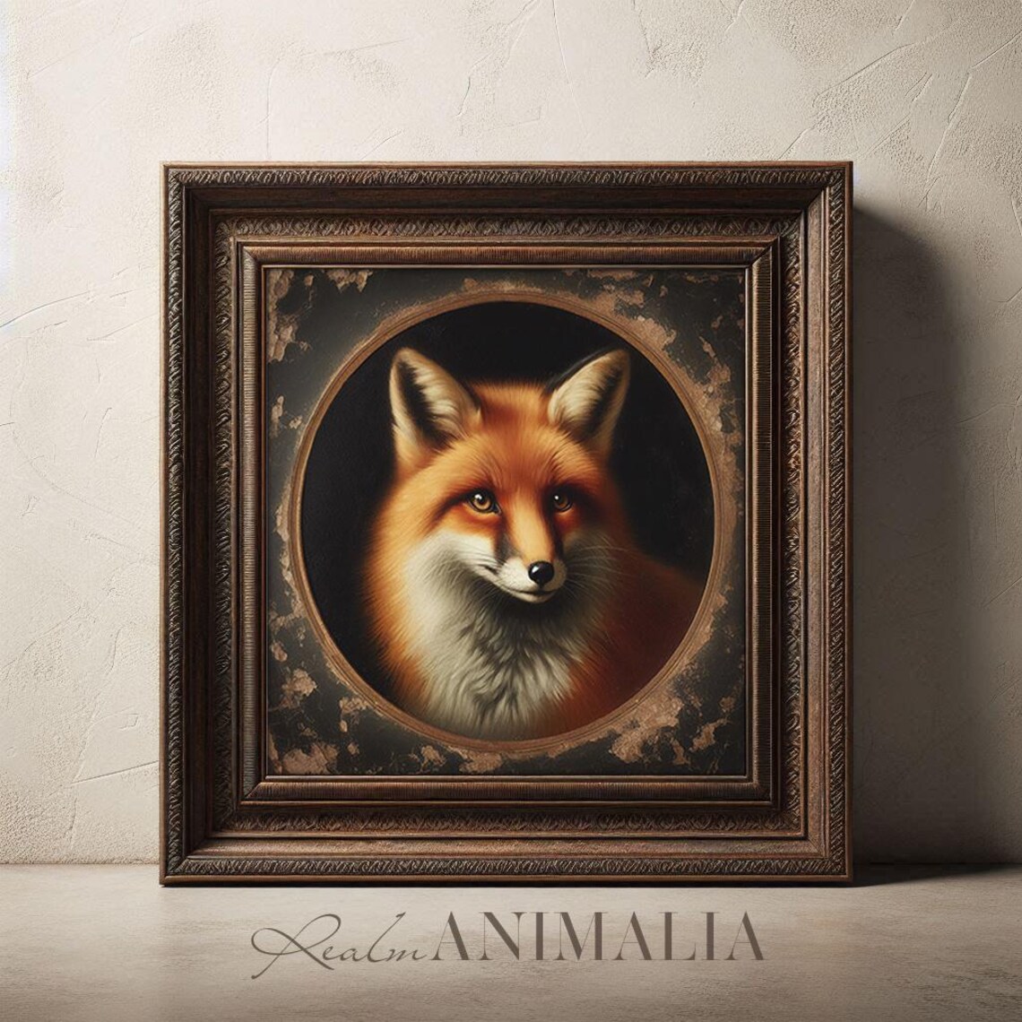 Red Fox Portrait In Circular Dark Gold Frame Moody Animal Art Print - Image 3
