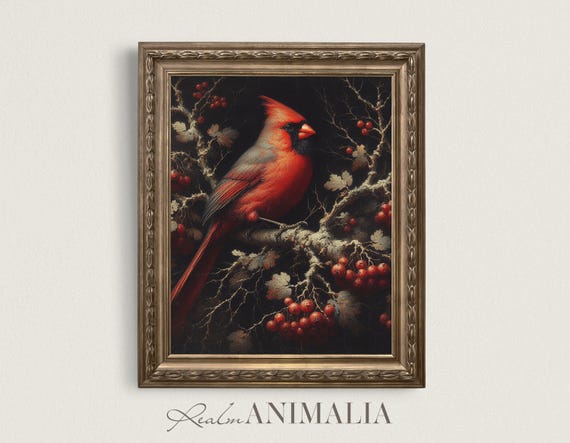 Red Cardinal Bird Art Print, Rustic Winter Portrait