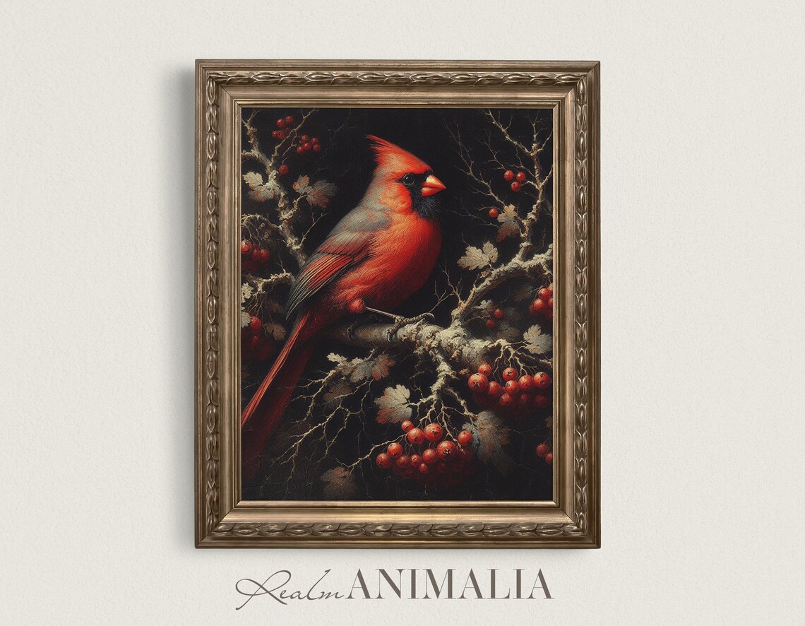 Red Cardinal Bird Art Print, Rustic Winter Portrait
