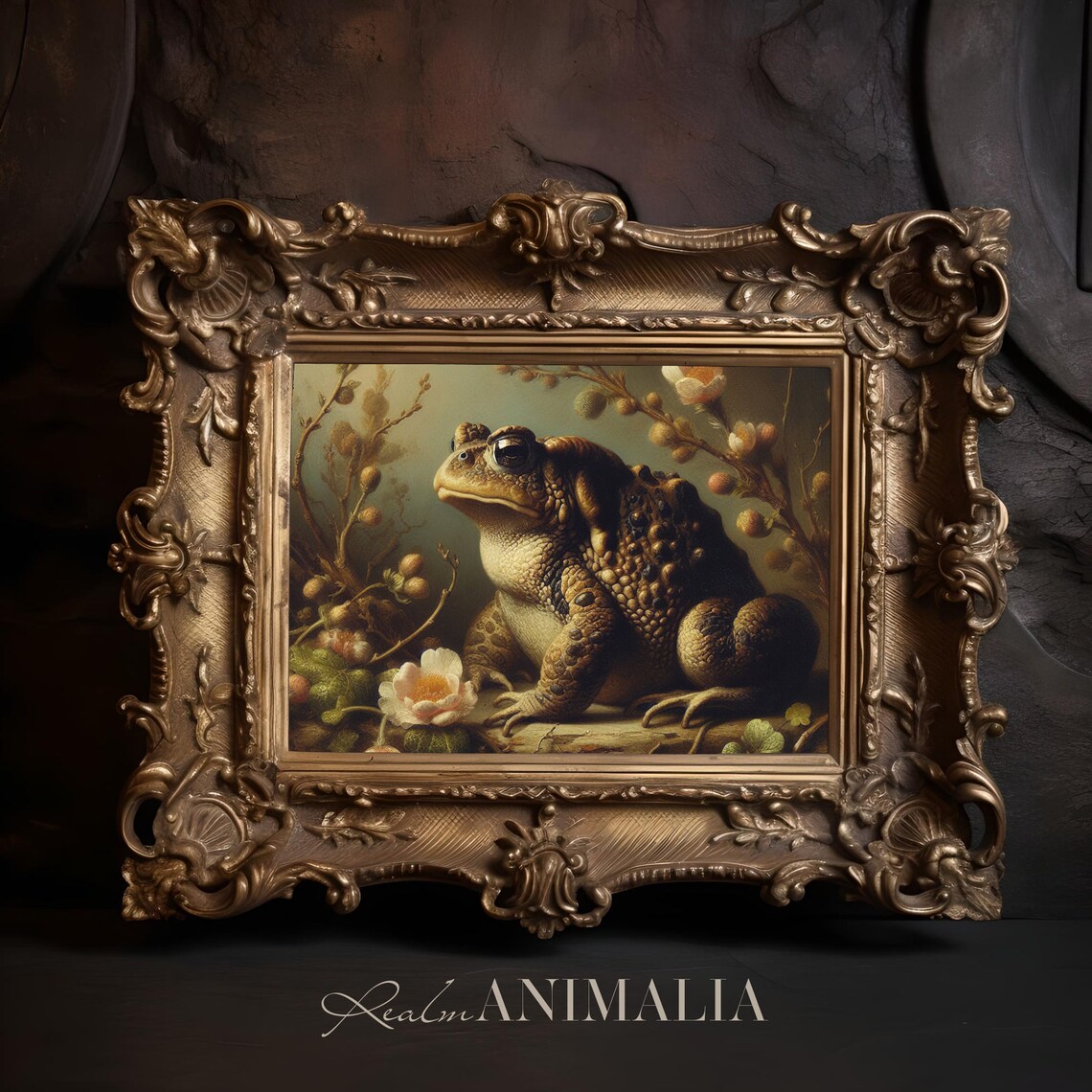 Brown Toad Among Seed Heads And Wildflowers Moody Vintage Art Print - Image 3