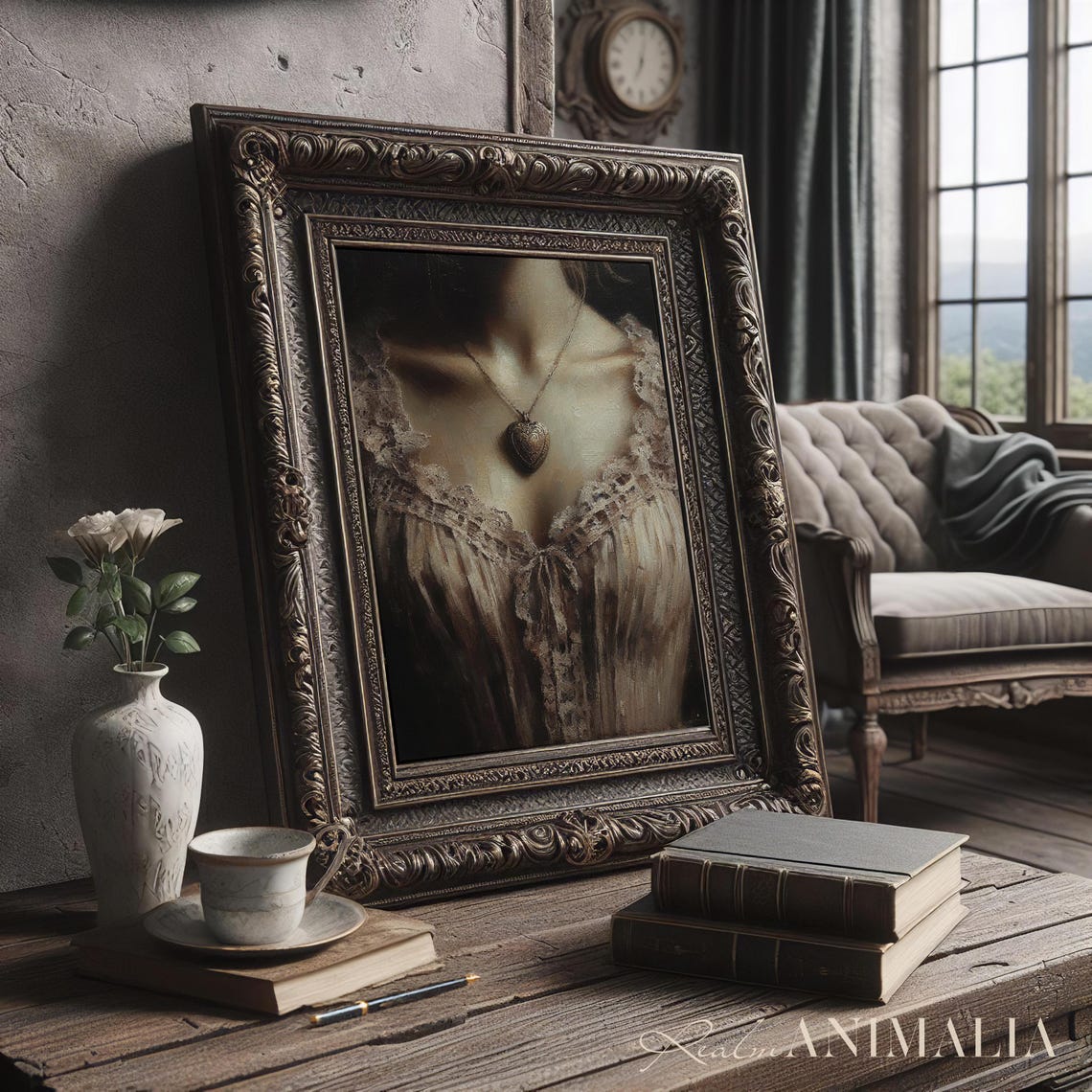 Victorian Woman With Heart Locket Necklace Art Print Romantic Moody Neutral Wall Art Vintage Female Portrait Painting Hu032 - Image 3