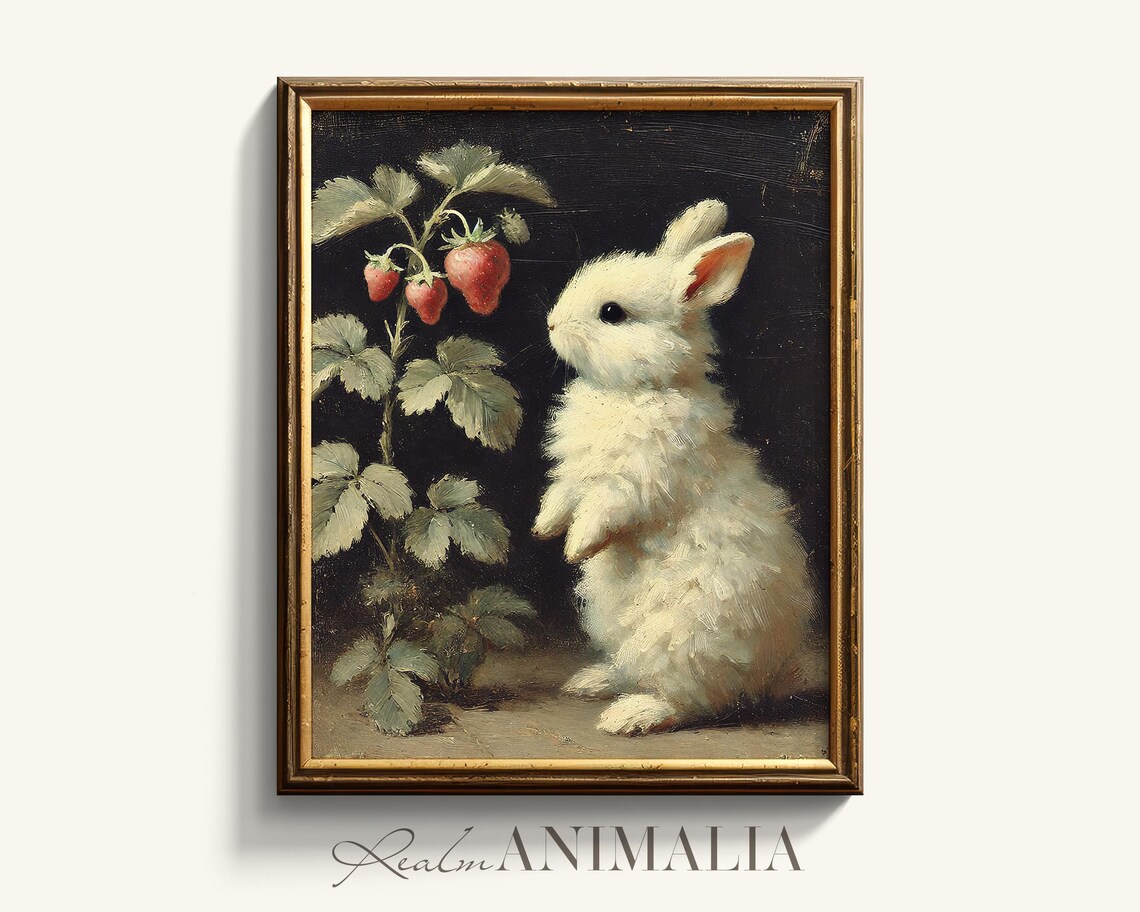 White Bunny Gazing At Strawberry Plant Dark Moody Oil Painting Poster - Image 4