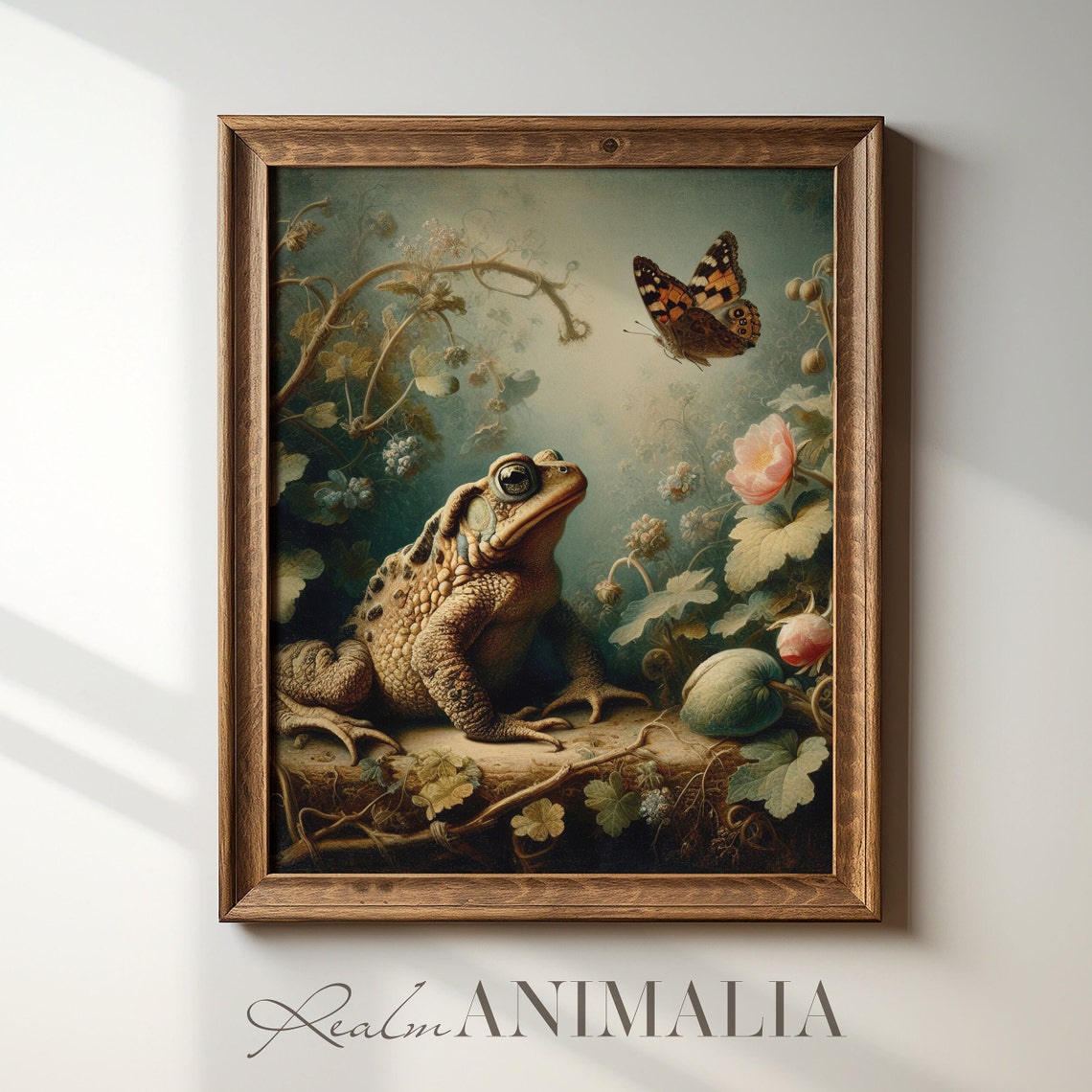 Toad Watching Butterfly On Log Misty Garden Moody Vintage Art Print - Image 2