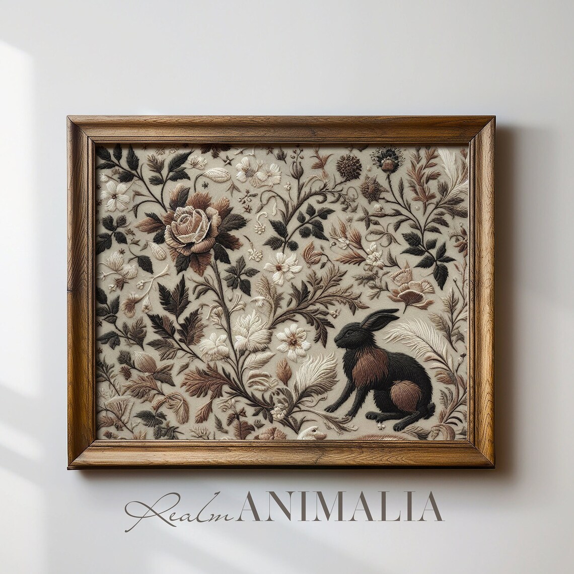 Black Rabbit In Botanical Embroidery Tapestry Cream Vintage Textile Art Print - Image 4