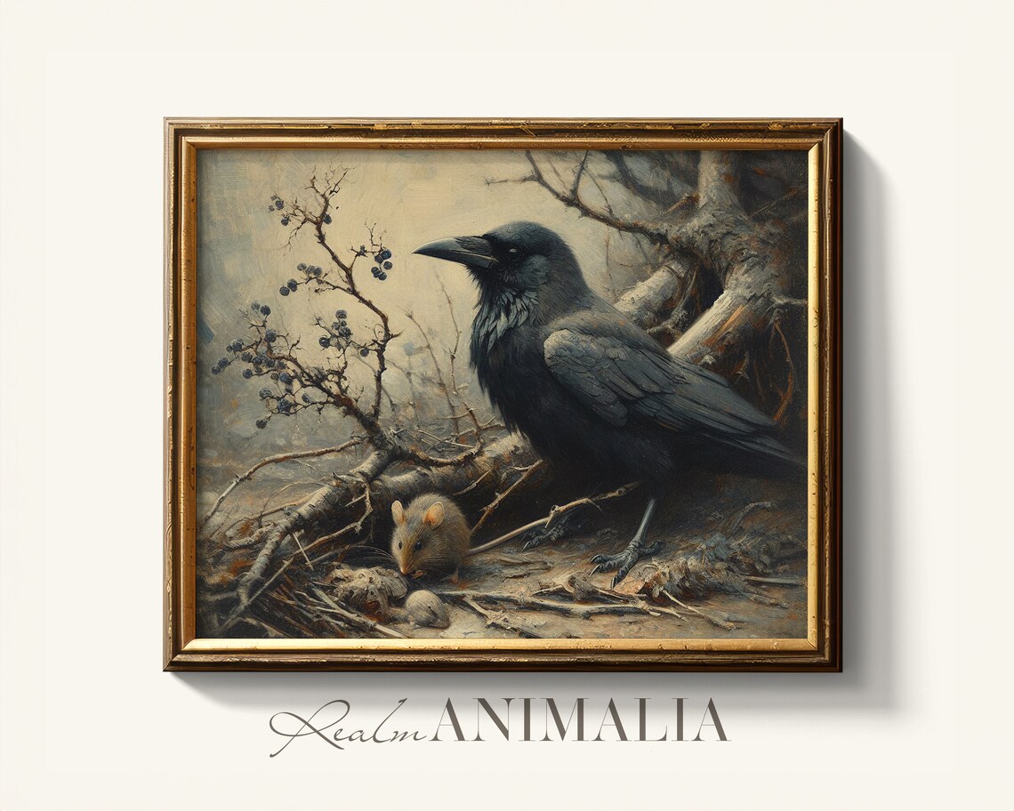Crow And Mouse Woodland Scene Vintage Moody Wildlife Animal Art Print - Image 4