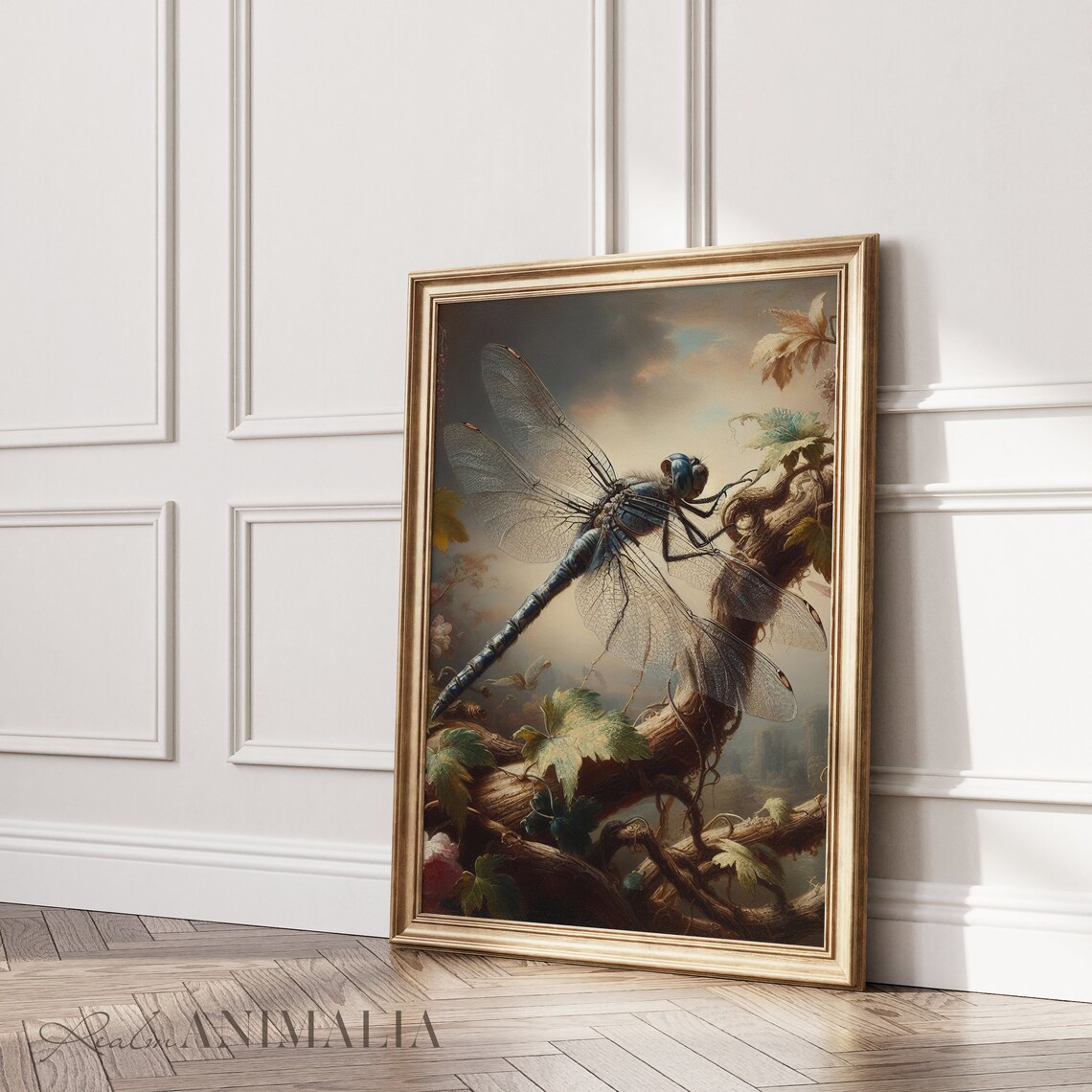 Blue Dragonfly Resting On Twisted Vine Vintage Moody Insect Wall Art Print - Image 3