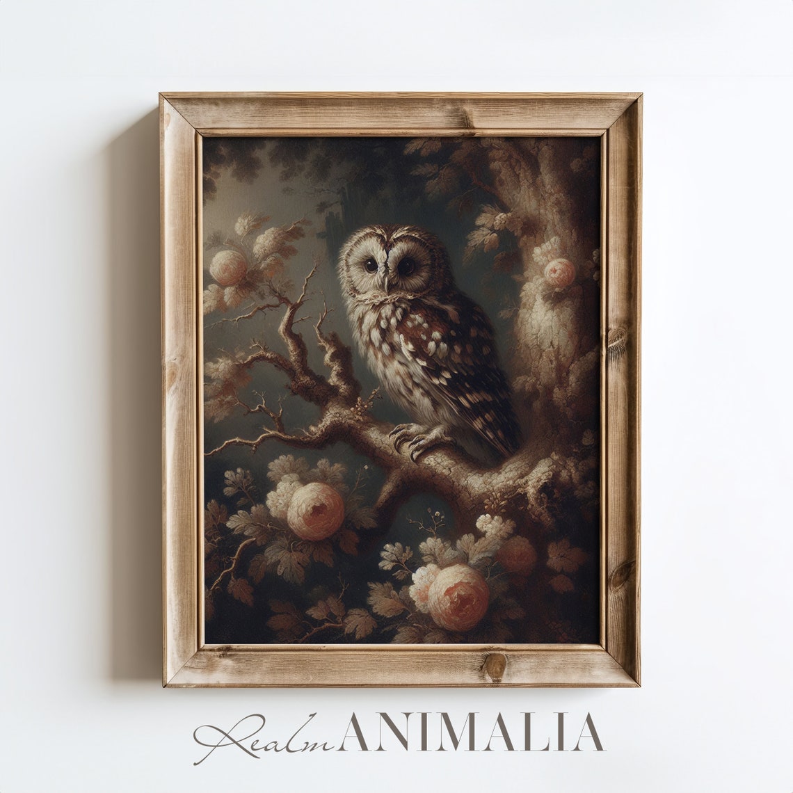 Vintage Owl Perched On Branch With Pink Blossoms Dark Moody Art Poster - Image 2