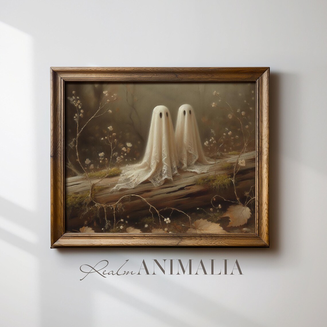 Two Cute Ghosts On Fallen Log Misty Forest Vintage Halloween Wall Poster - Image 2