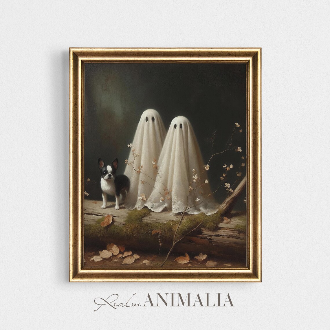 Ghosts With Pet Boston Terrier, Vintage Halloween Art Print - Image 4
