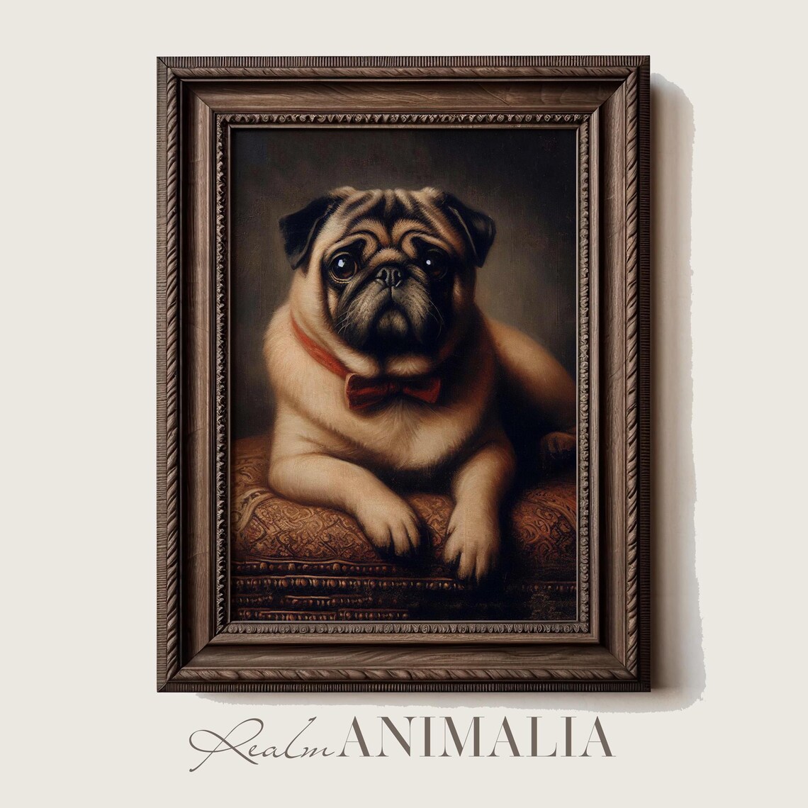 Fawn Pug With Red Bowtie Vintage Style Oil Portrait Dog Art Print - Image 4