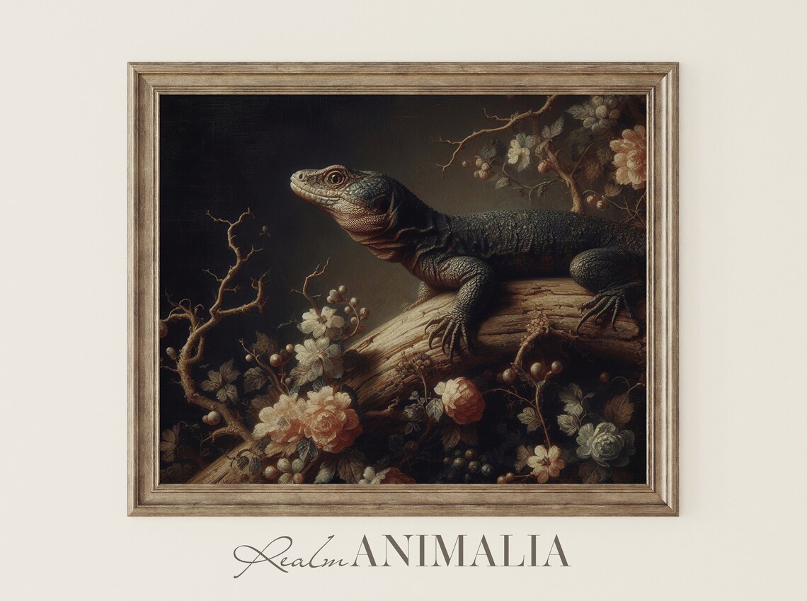 Dark Lizard On Log Among Roses Moody Vintage Reptile Wall Art Print