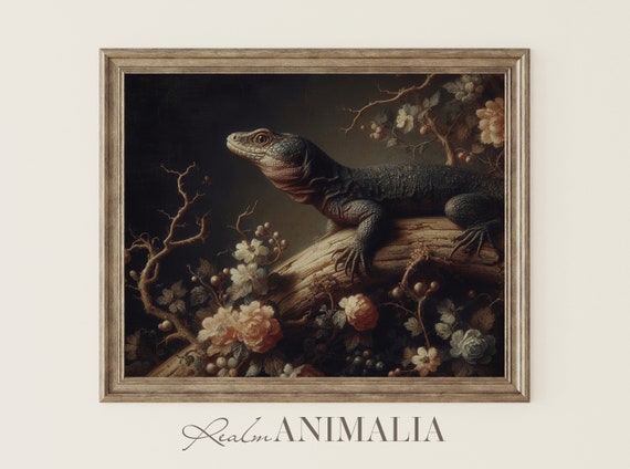 Vintage Lizard Portrait Print Dark Moody Reptile Painting Cottagecore Nature Animal Wall Art Decor Lz003