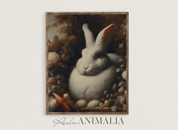 Fluffy White Rabbit Among Garden Vegetables And Flowers Vintage Art Print