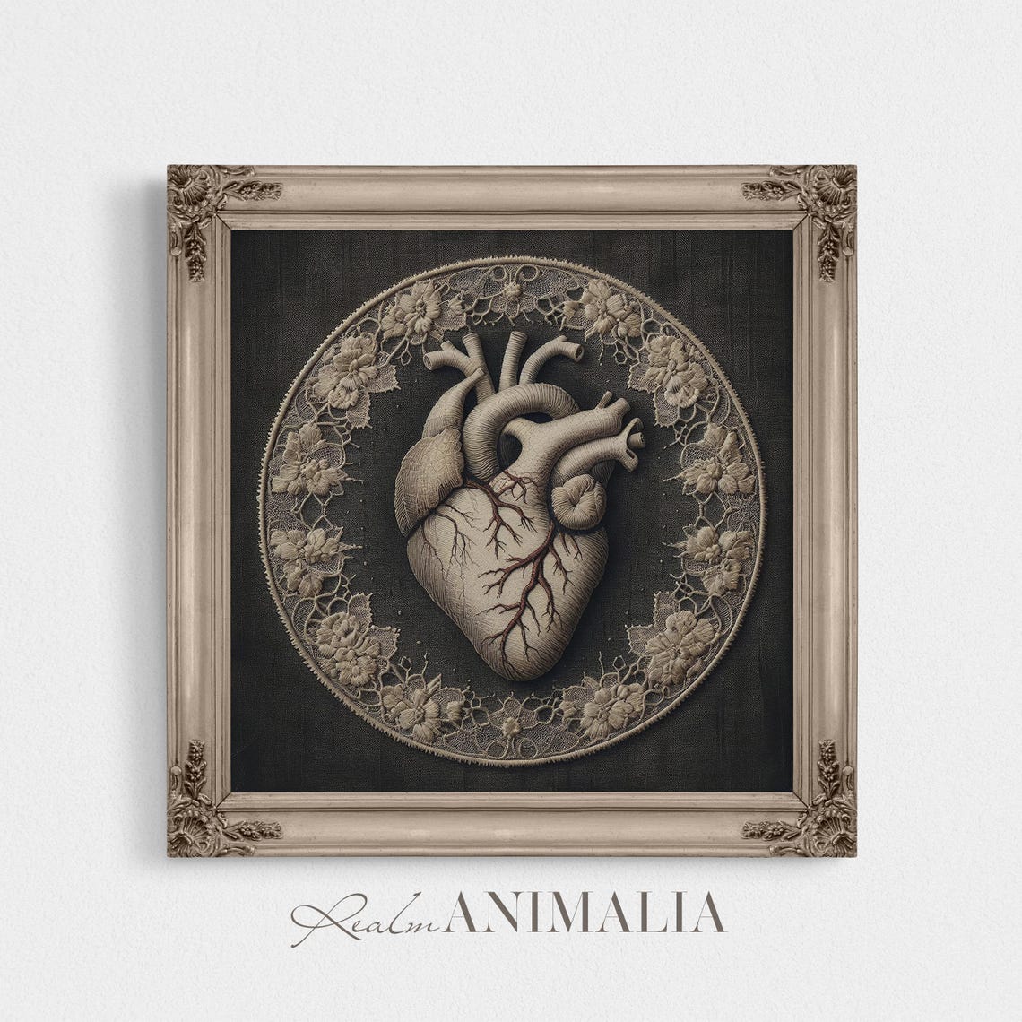 Anatomical Heart Embroidered On Black With Lace Circle Wall Art - Image 2