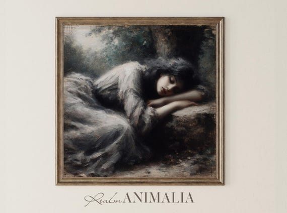 Sleeping Woman Portrait Square Art Print Forest Nap Painting Moody Neutral Vintage Wall Art Cottagecore Decor Art Prints Hu031