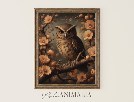Botanical Owl Vintage Print Bird Wall Art Moody Floral Wildlife Animal Painting Nature Scene Poster Ow015