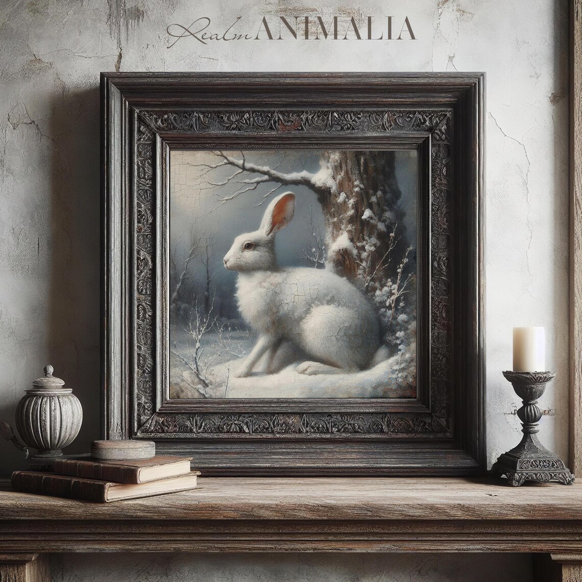 White Rabbit In Snowy Winter Woodland Vintage Wildlife Painting Poster - Image 2