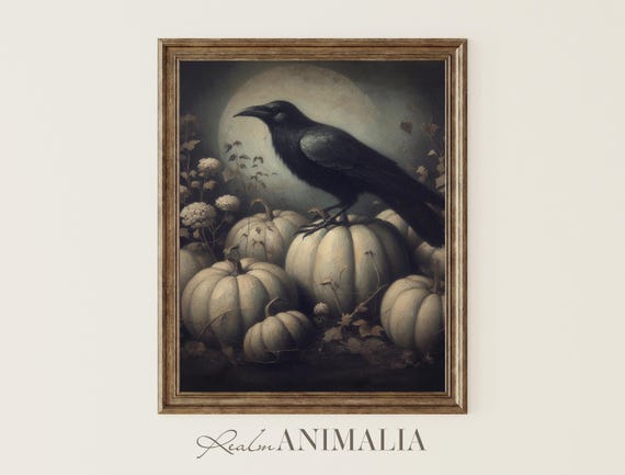 Crow In Pumpkin Patch Vintage Halloween Art Print