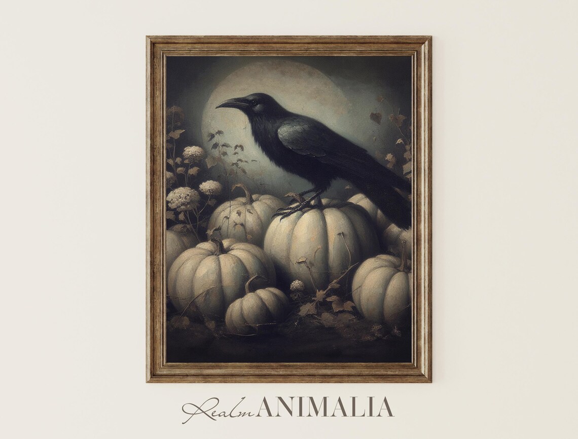 Crow In Pumpkin Patch Vintage Halloween Art Print