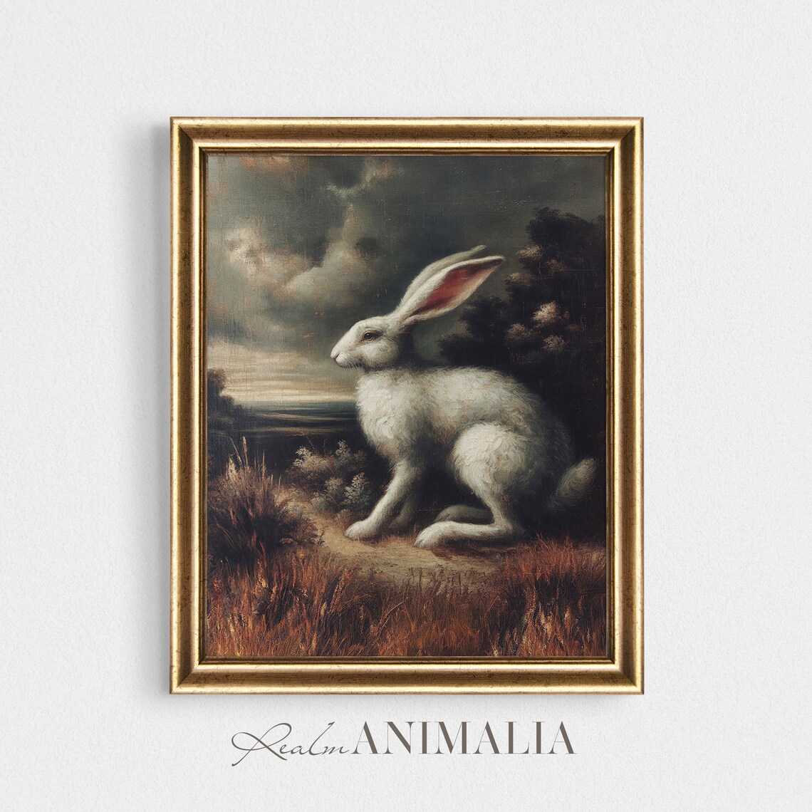 White Rabbit Vintage Oil Painting Moody Autumn Field Stormy Sky Wildlife Poster - Image 2