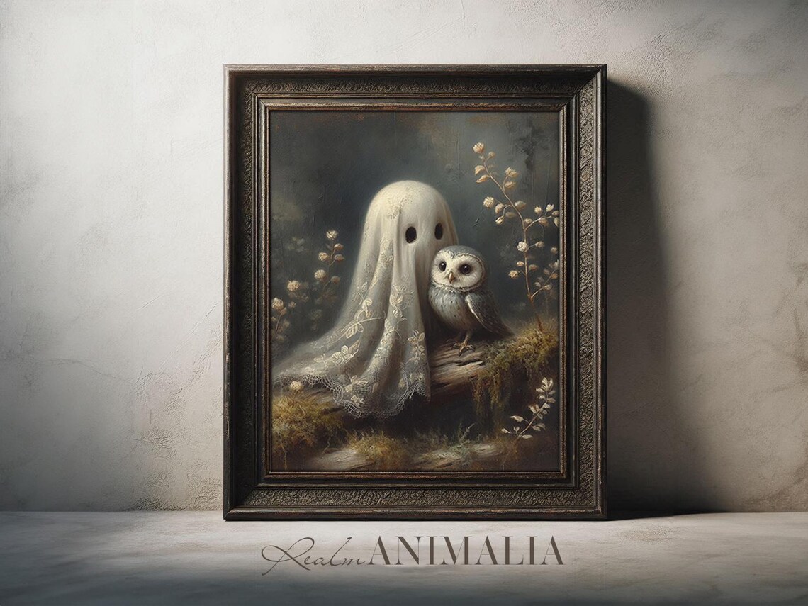 Cute Little Ghost With Little Owl, Vintage Fall Art Print - Image 4