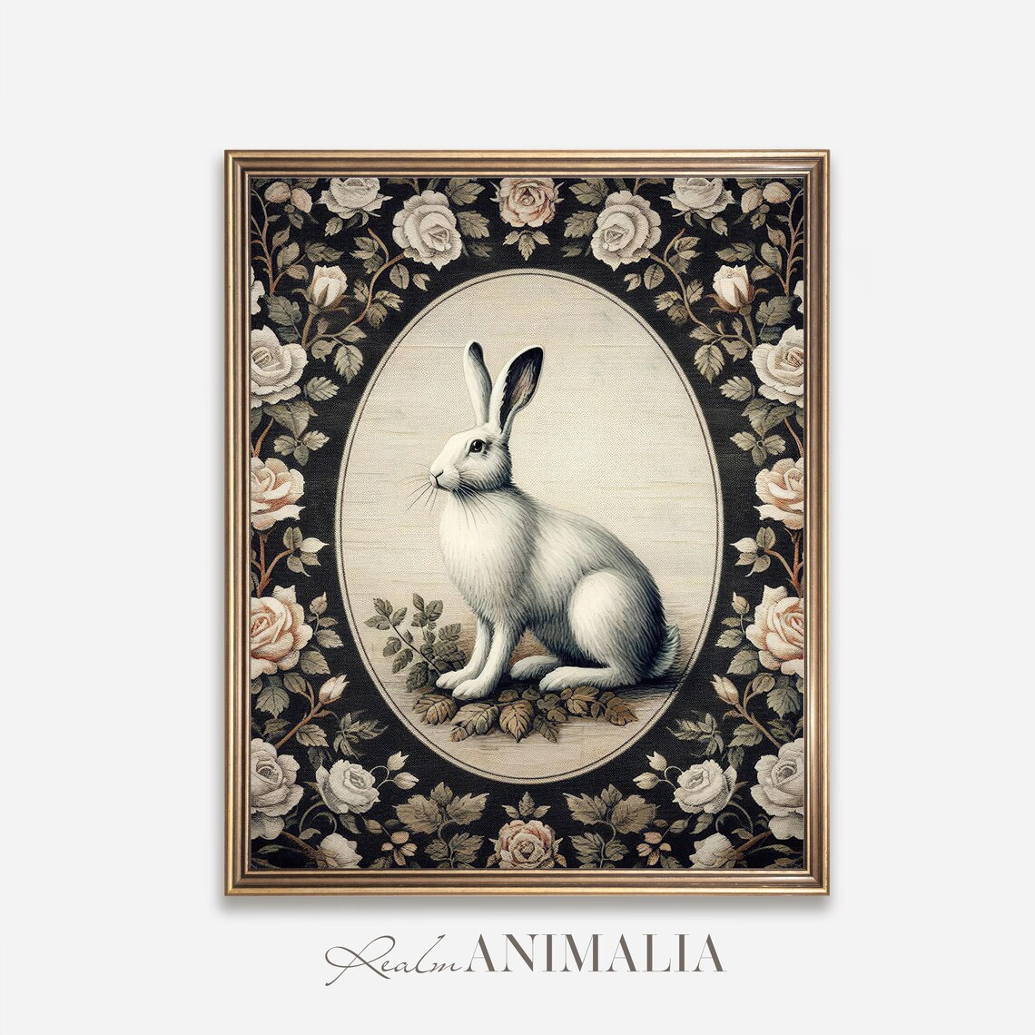 White Rabbit Seated In Oval Medallion Dark Rose Tapestry Vintage Poster - Image 2