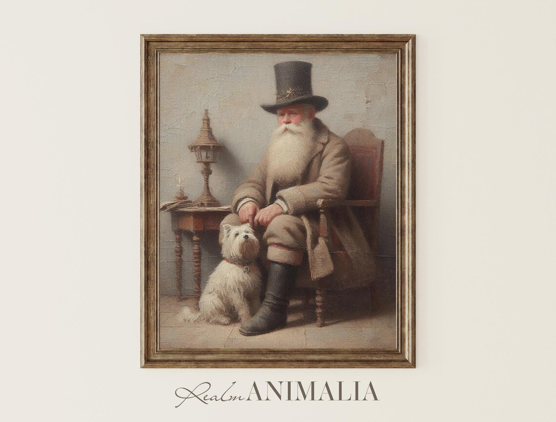 Gentleman With Pet Westie Dog Vintage Portrait Painting Nostalgic Christmas Wall Art Charming Animal Companion Art Prints Wh139