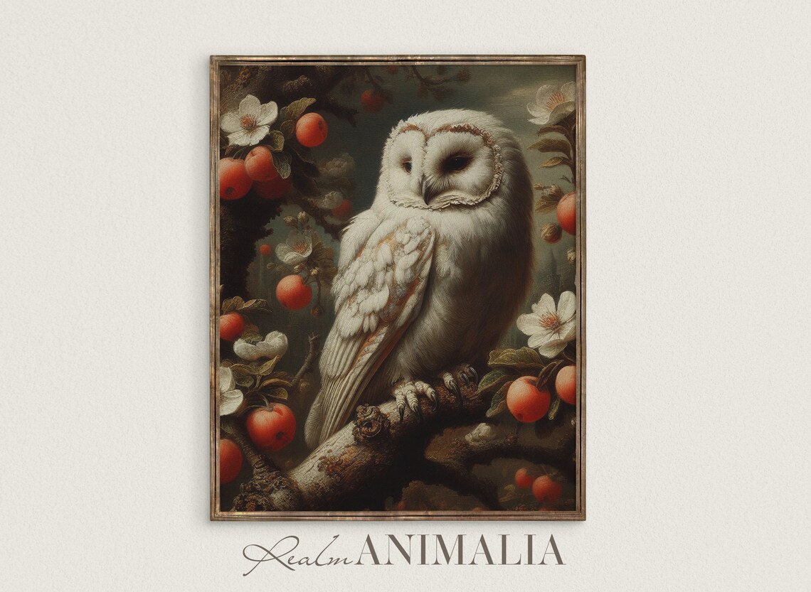 Vintage White Owl Print, Peach Tree Bird Art