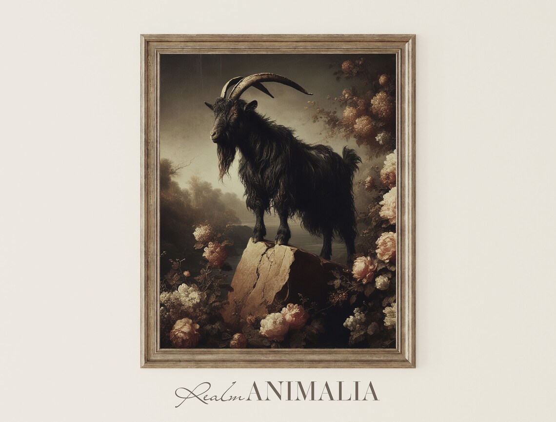 Vintage Black Goat Art Print, Cottagecore Animal