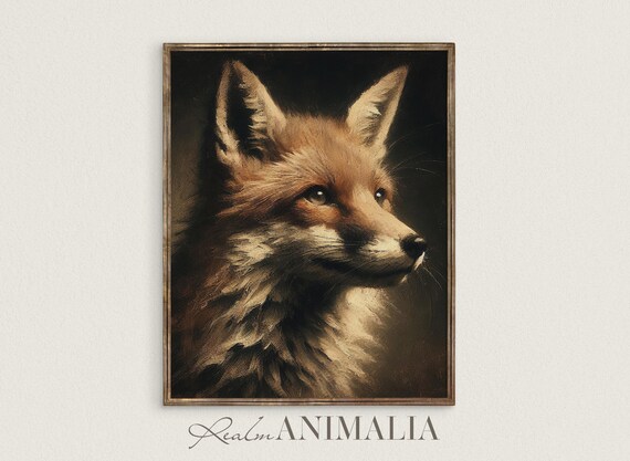Vintage Fox Portrait In Profile Dark Chiaroscuro Wildlife Oil Painting Print