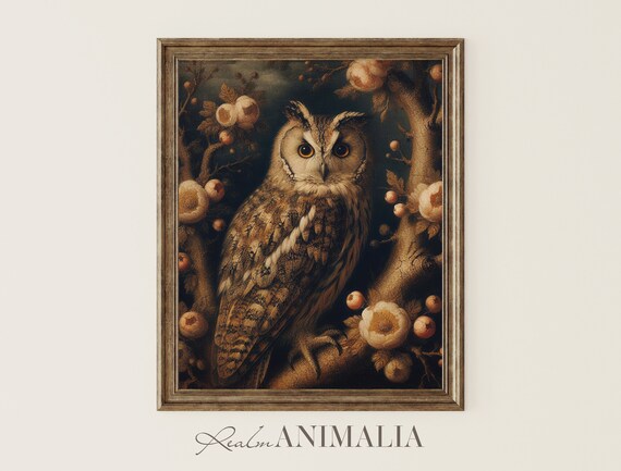 Moody Owl Print Bird Vintage Wall Art Dark Moody Botanical Nature Painting Wildlife Animal Art Poster Ow011