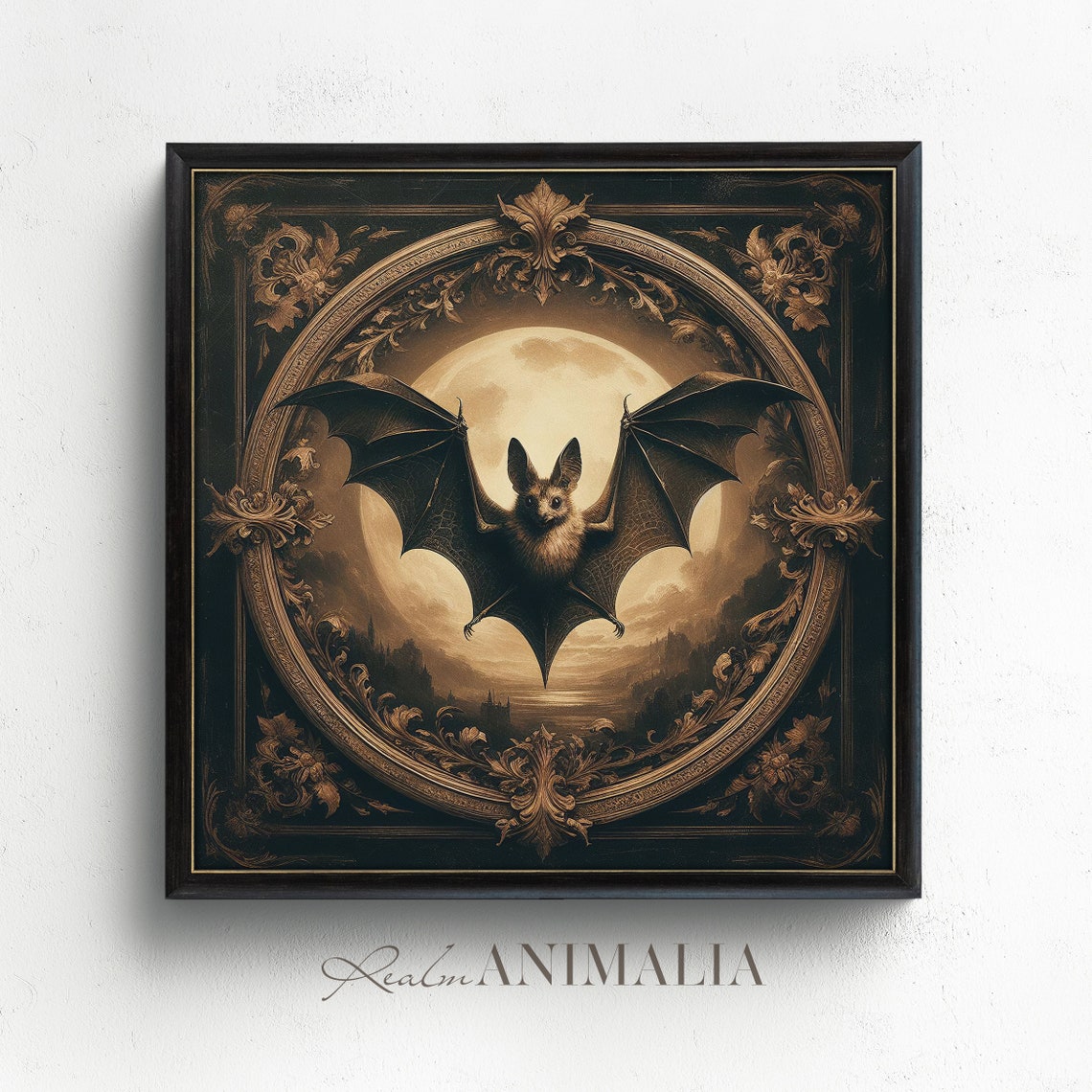 Dark Bat Before Full Moon Ornate Gold Frame Gothic Animal Art Print - Image 3