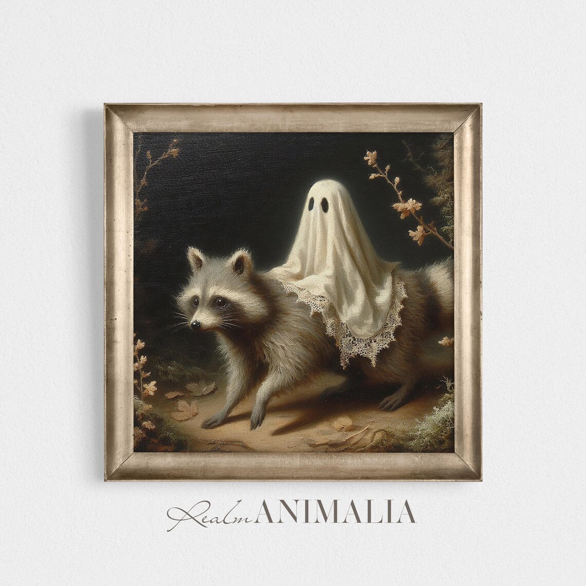 Little Ghost Riding on Raccoon Vintage Halloween Art Print - Image 4