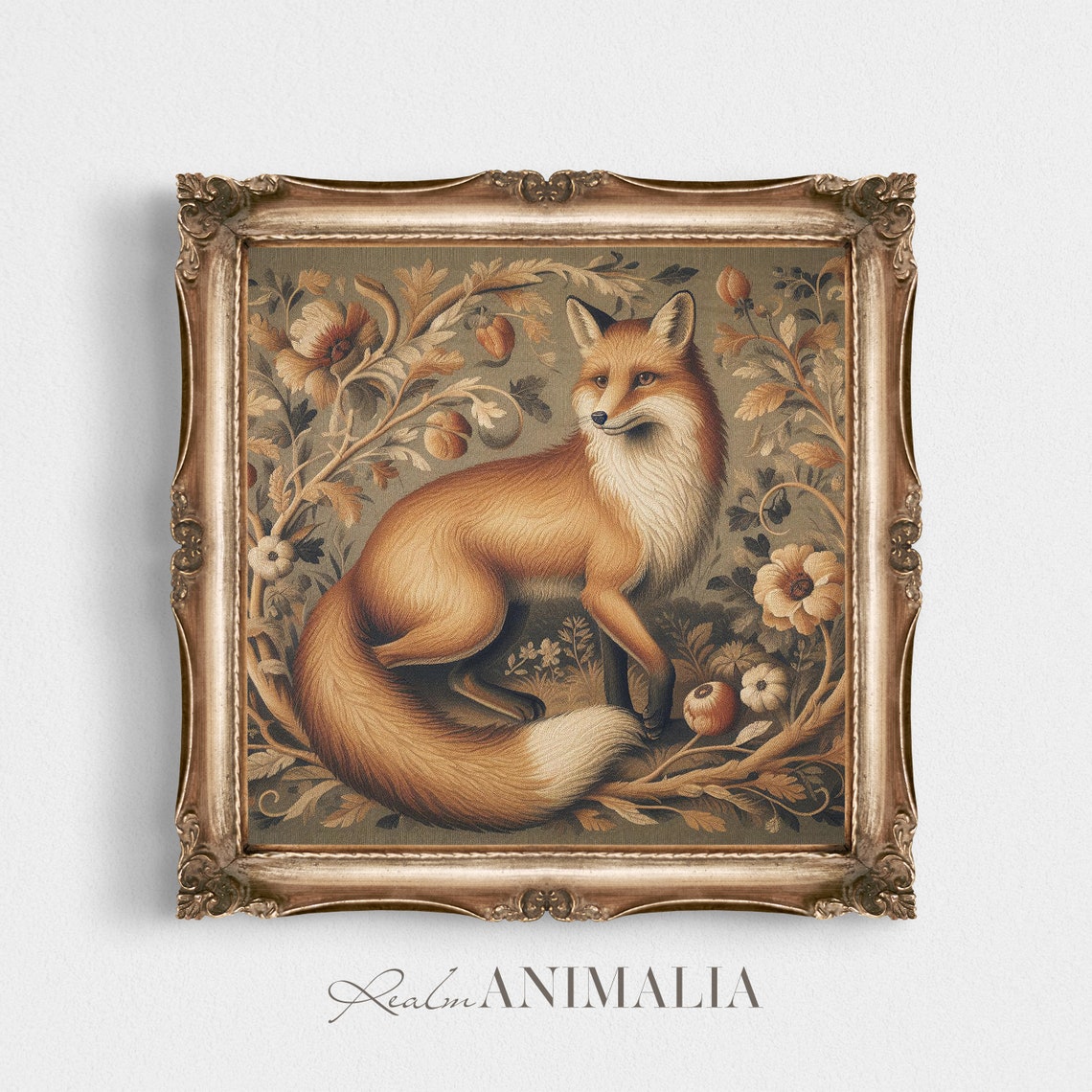 Red Fox Standing In Botanical Tapestry Vintage Floral Poster - Image 2