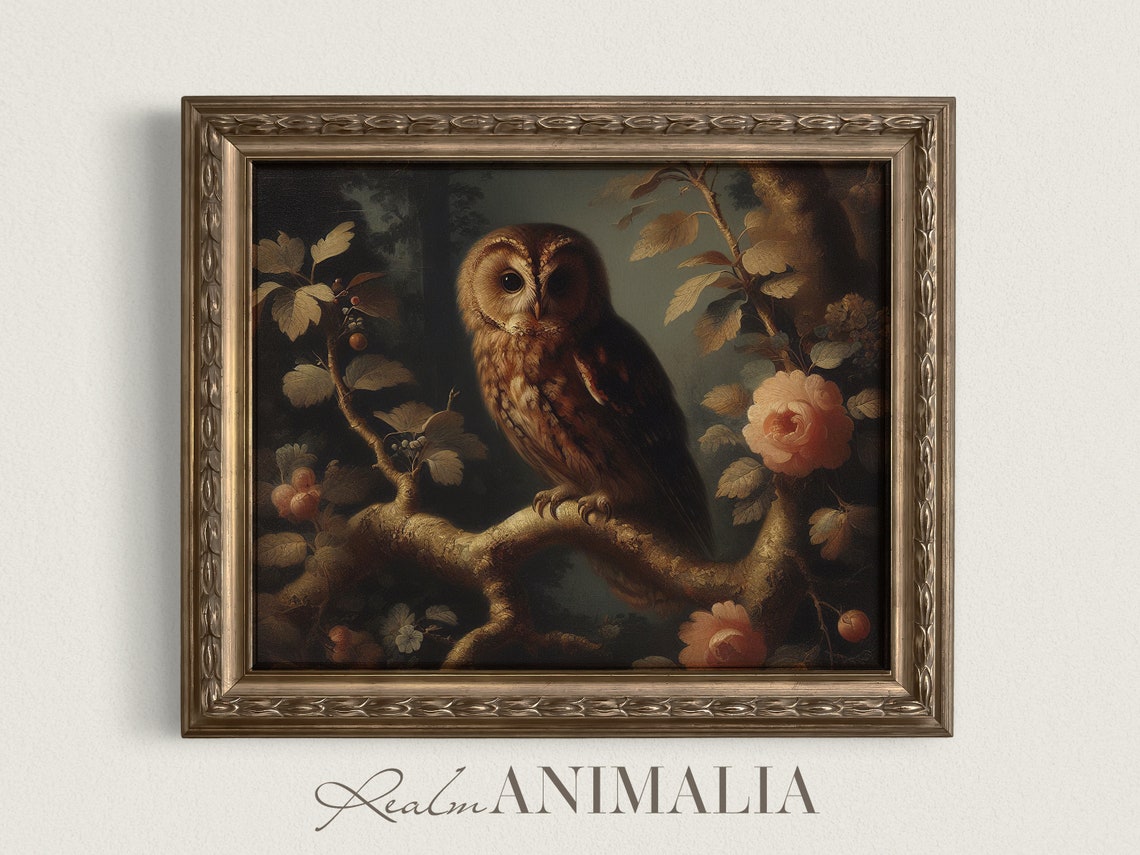 Botanical Owl Print Vintage Moody Owl Wall Art Floral Owl Bird Oil Painting Antique Nature Bird Art Ow002