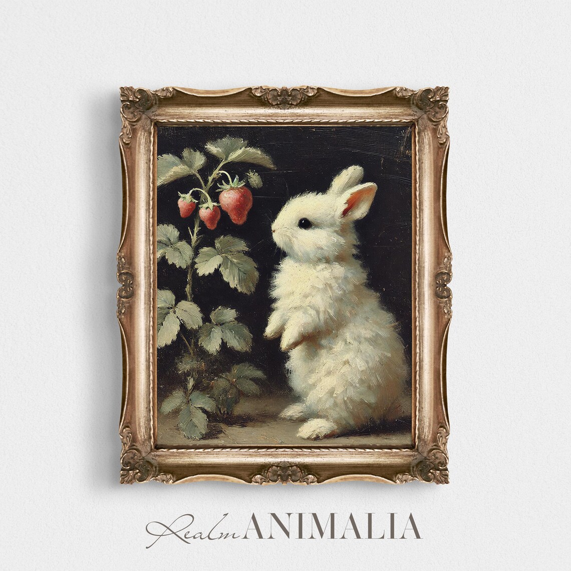 White Bunny Gazing At Strawberry Plant Dark Moody Oil Painting Poster - Image 2