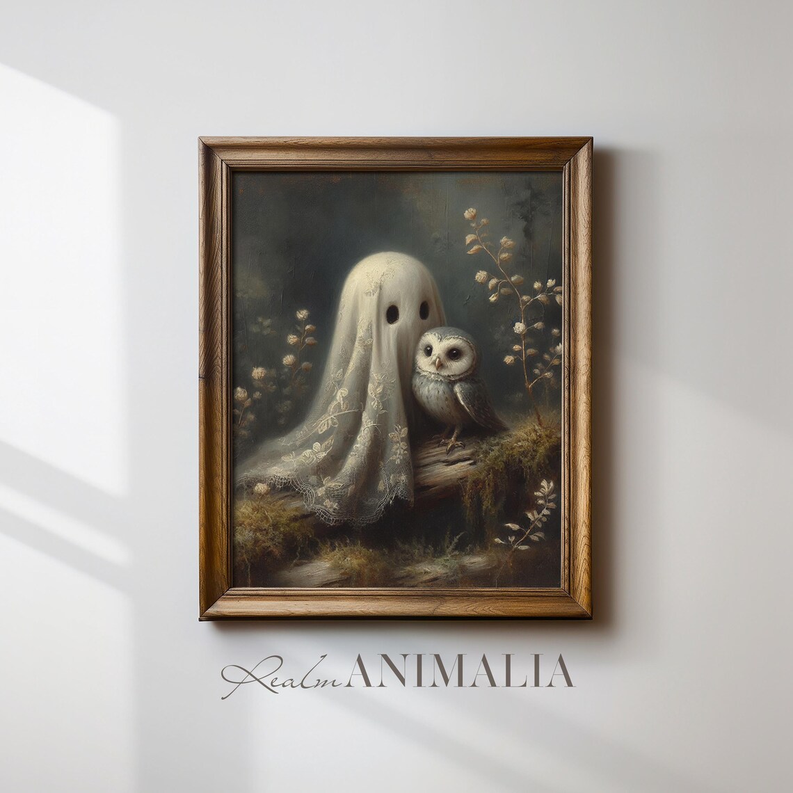 Cute Little Ghost With Little Owl, Vintage Fall Art Print - Image 2