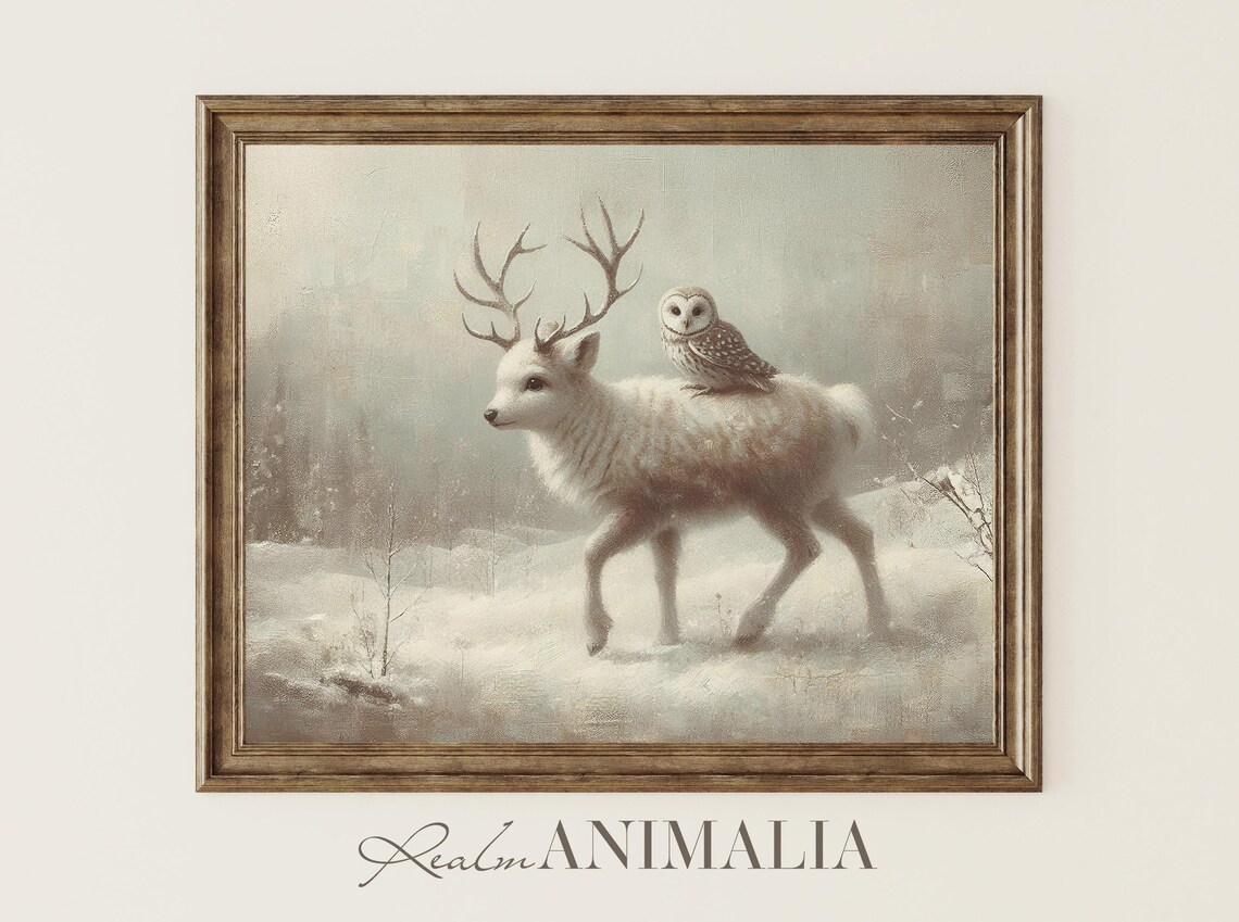 Baby Reindeer With Owl Painting Neutral Winter Wall Art Beige Christmas Holiday Art Prints Baby Animal Nursery Prints Wh140