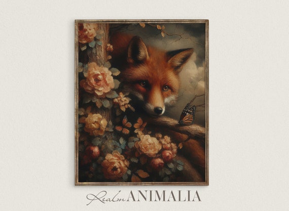 Fox And Butterfly Vintage Print Vintage Fox Animal Painting Cottagecore Wildlife Nature Wall Art Fx003