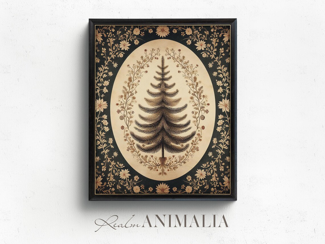 Vintage Christmas Tree Botanical On Black Gold Floral Wall Art - Image 4