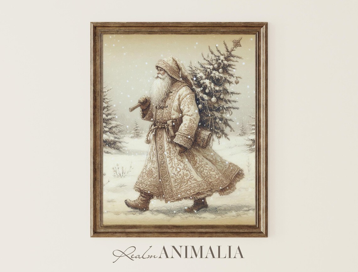 Santa Claus Beige Winter Holiday Wall Art Print