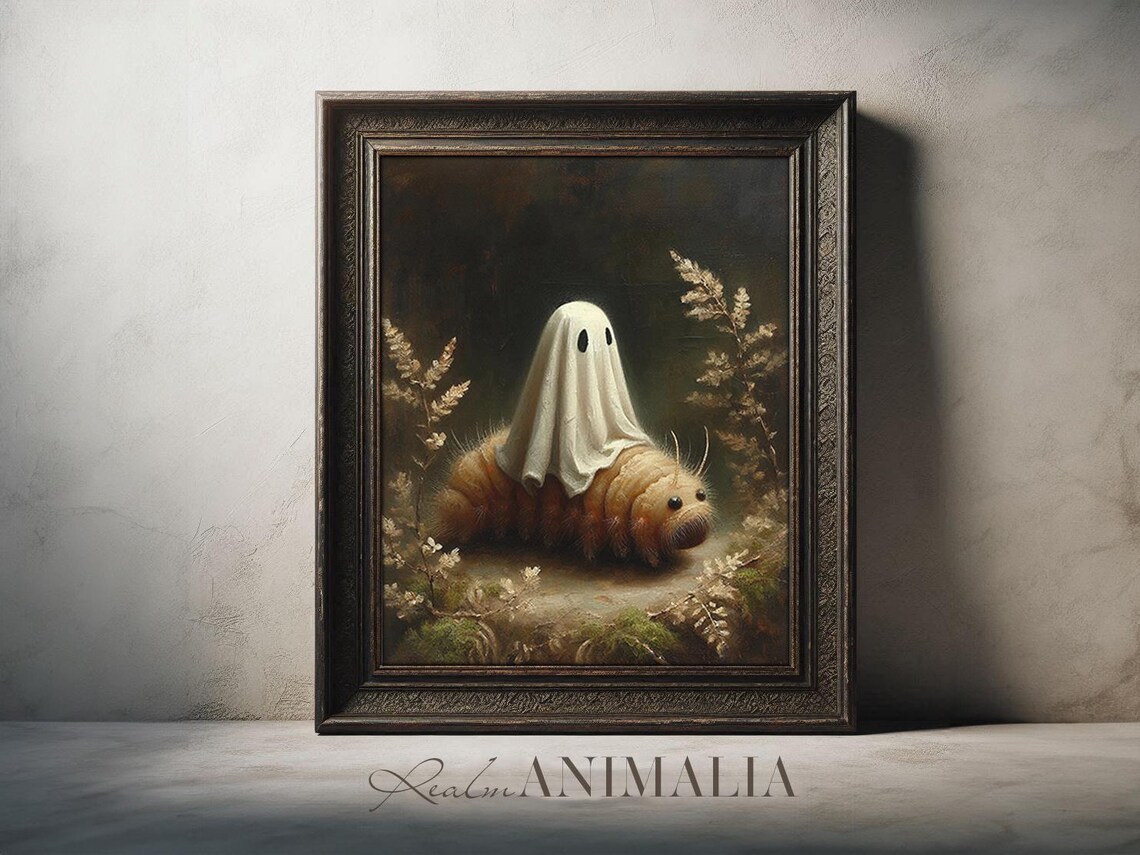 Little Ghost Riding Caterpillar Dark Forest Moody Halloween Wall Art Poster - Image 2
