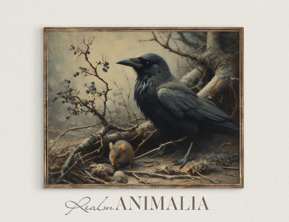 Crow And Mouse Art Print Vintage Nature Scene Painting Wildlife Animal Friends Wall Art Friendship Gift Cr002