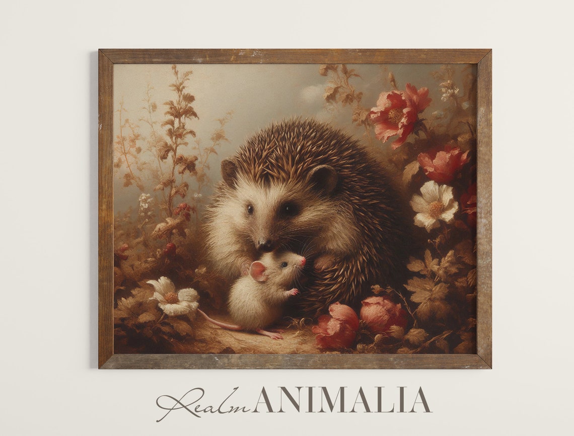 Hedgehog And Mouse Friends Vintage Print Animal Friendship Poster Cute Wildlife Animal Painting Floral Nature Wall Art Af002