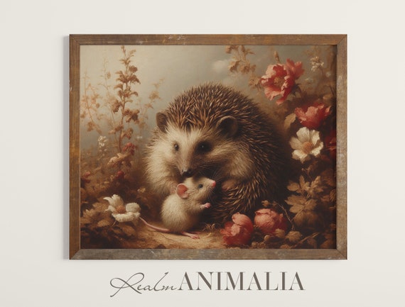 Hedgehog And Mouse Friends Vintage Print Animal Friendship Poster Cute Wildlife Animal Painting Floral Nature Wall Art Af002