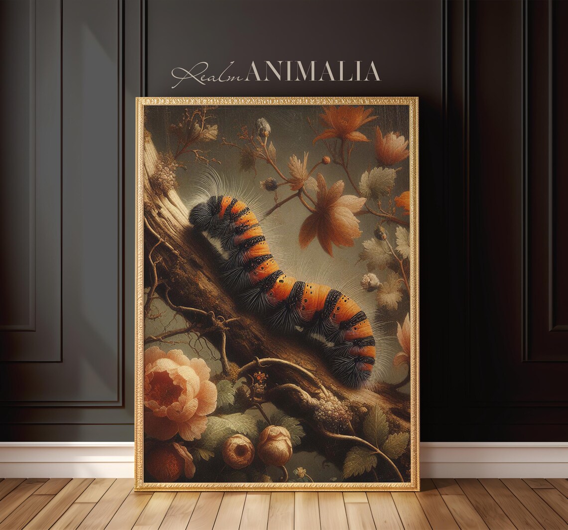 Orange Striped Caterpillar On Blooming Branch Moody Floral Art Print - Image 3