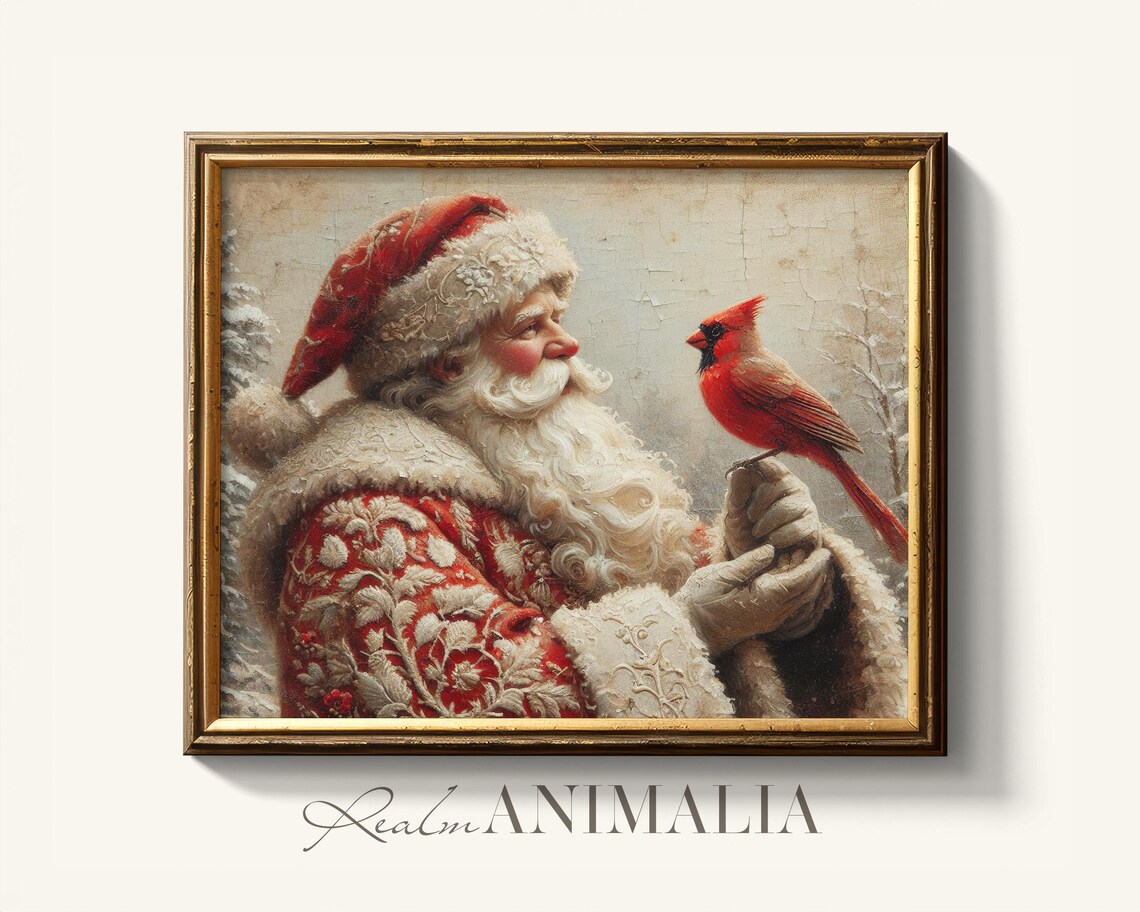Santa and Cardinal Bird Vintage Christmas Art Print - Image 4