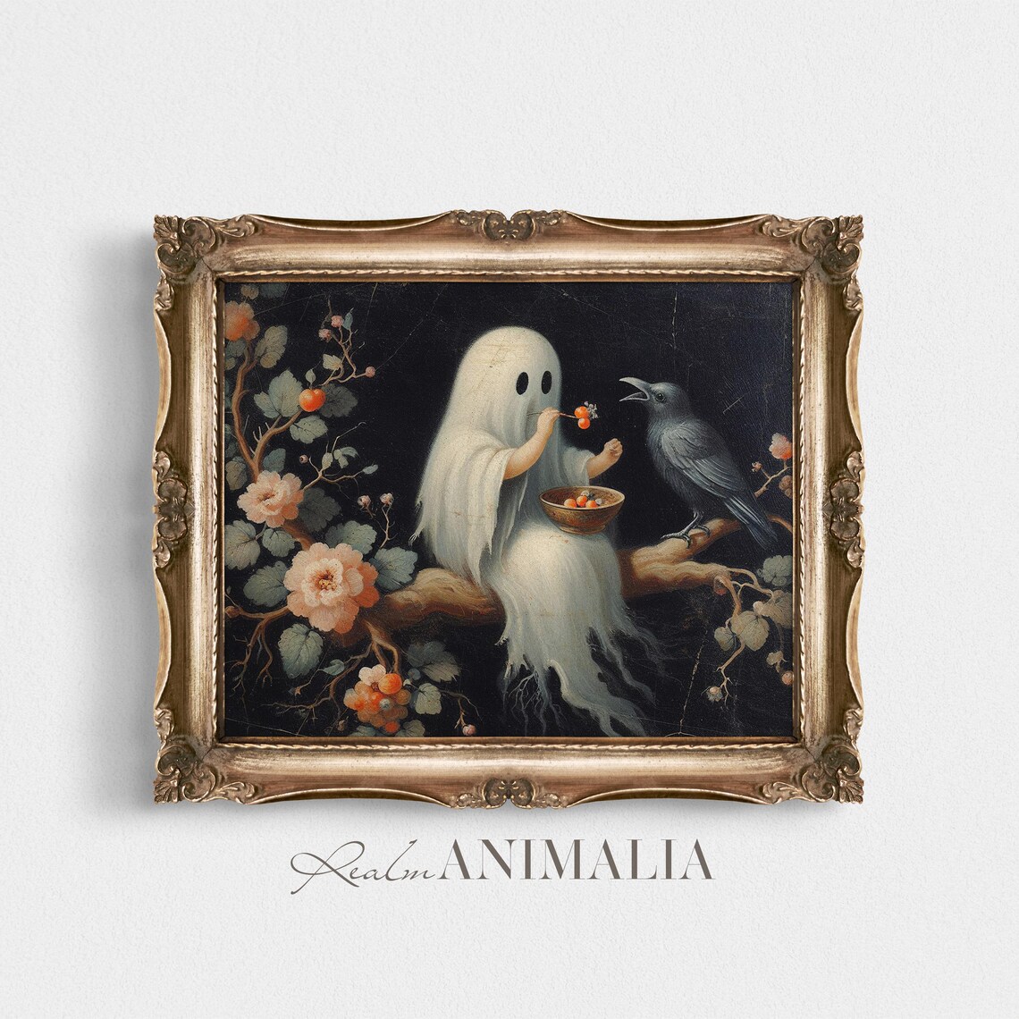 Ghost Feeding Crow On Blossom Branch Dark Floral Halloween Art Print - Image 4