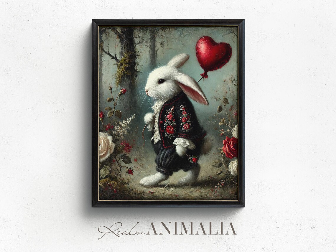 White Bunny Rabbit Art Print, Whimsical Valentine Style - Image 4